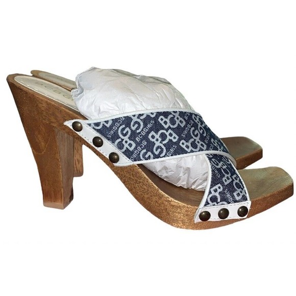 BCBG Girls Y2K Wooden Heel Sandals Fabric Logo Sz 6.5 Blue White GHITA-LA New!‎ - Picture 1 of 8